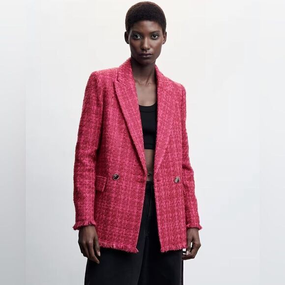 Mango Tweed Blazer Buttons Fuchsia New - Picture 5 of 9
